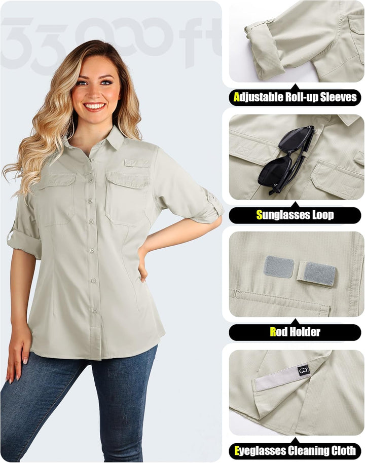 33,000ft Hemdbluse Damen UPF50 UV Schutz Hemd Schnelltrocknende Button-Down Shirts Atmungsaktive Wan