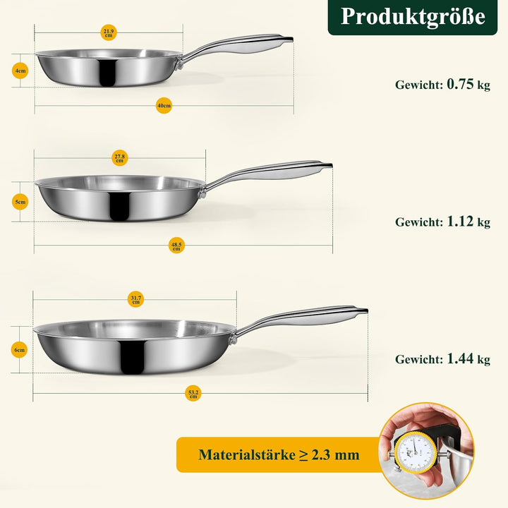 Dreilagige Edelstahl-Bratpfannen-Set 20/26/30 cm – Edelstahlpfanne unbeschichtet & Induktionspfanne,