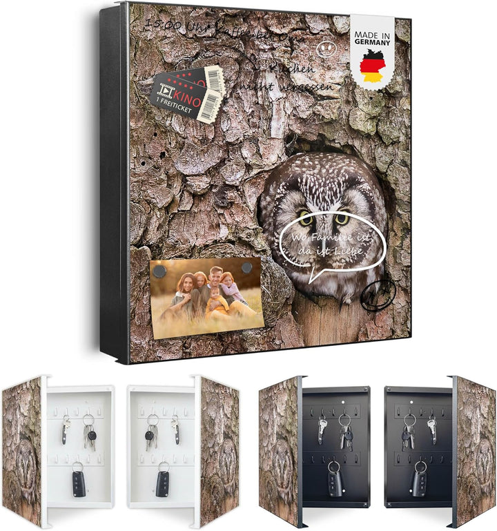 banjado® Grosser Schlüsselkasten Glas/Schlüsselbox 30cm x 30cm mit 50 Haken - Motiv Eule/Schlüsselka