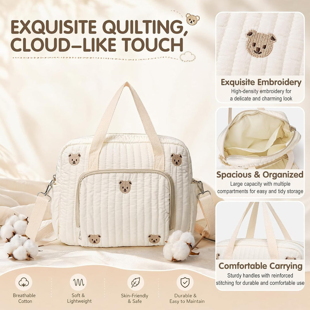 Wickeltasche Baby Grosse Muttertasche aus Baumwolle mit Stickerei, Gesteppte Wickeltasche Damen mit