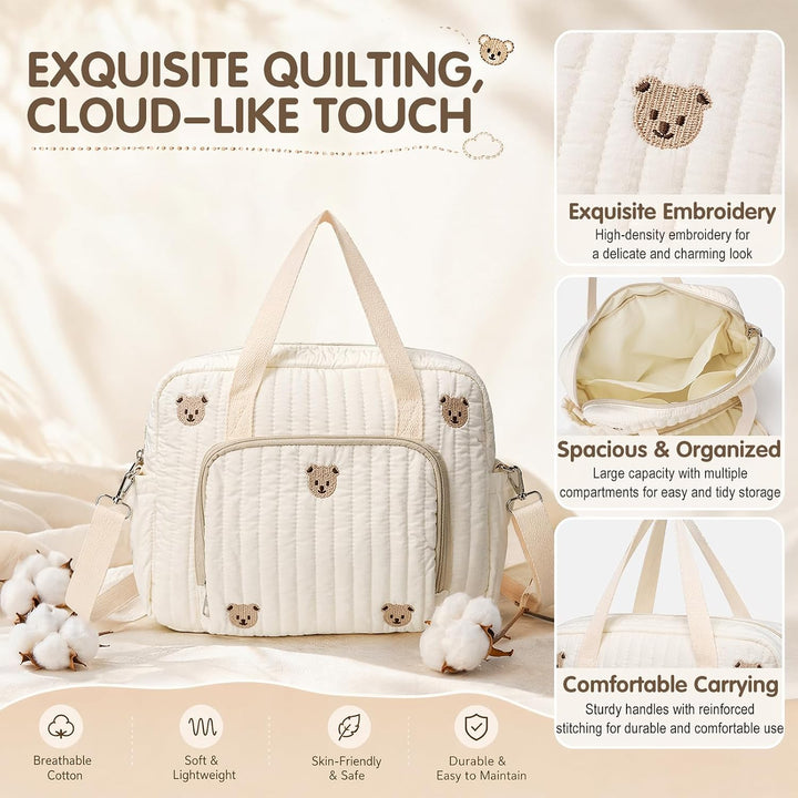 Wickeltasche Baby Grosse Muttertasche aus Baumwolle mit Stickerei, Gesteppte Wickeltasche Damen mit