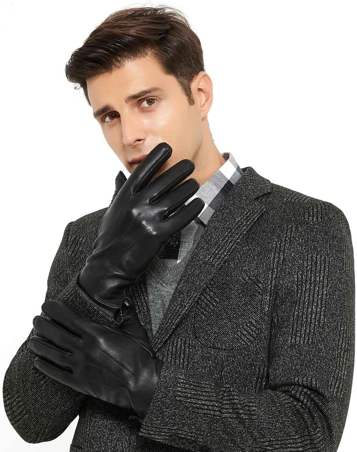 ZLUXURQ Herren Weiches Lammfell Leder Touchscreen Winter Fahrhandschuhe Kaschmir Gefüttert, bequem u