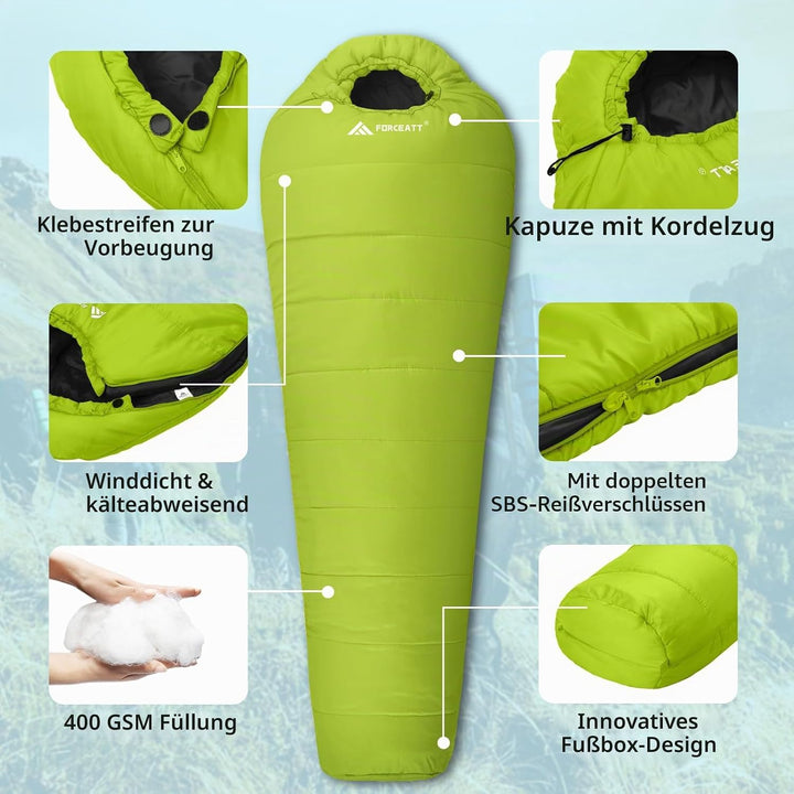Forceatt Schlafsack -10°C~15°C 4 Jahreszeiten, Mumienschlafsack Winter für Erwachsene Wasserdicht, S