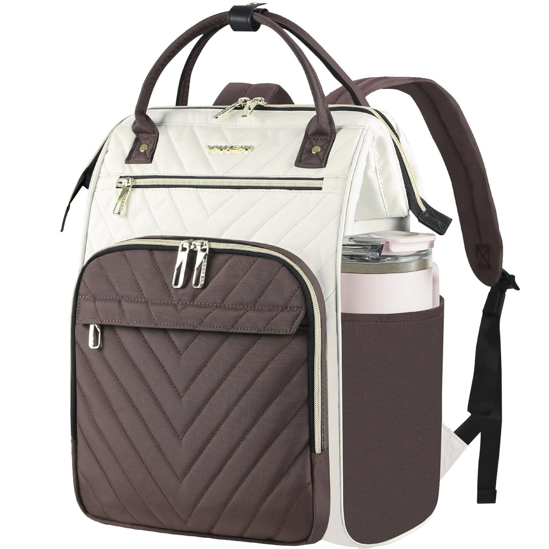VANKEAN 15.6 Zoll Laptop-Rucksack für Damen Herren, Beige-Kaffee | Computer Arbeitstasche, Grosse Ka