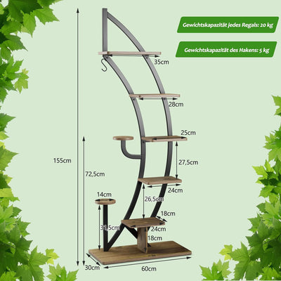 GOPLUS 6-stöckiger Blumenständer Metall, halbmondförmiger Pflanzenständer mit Ablagen & Haken, Pflan