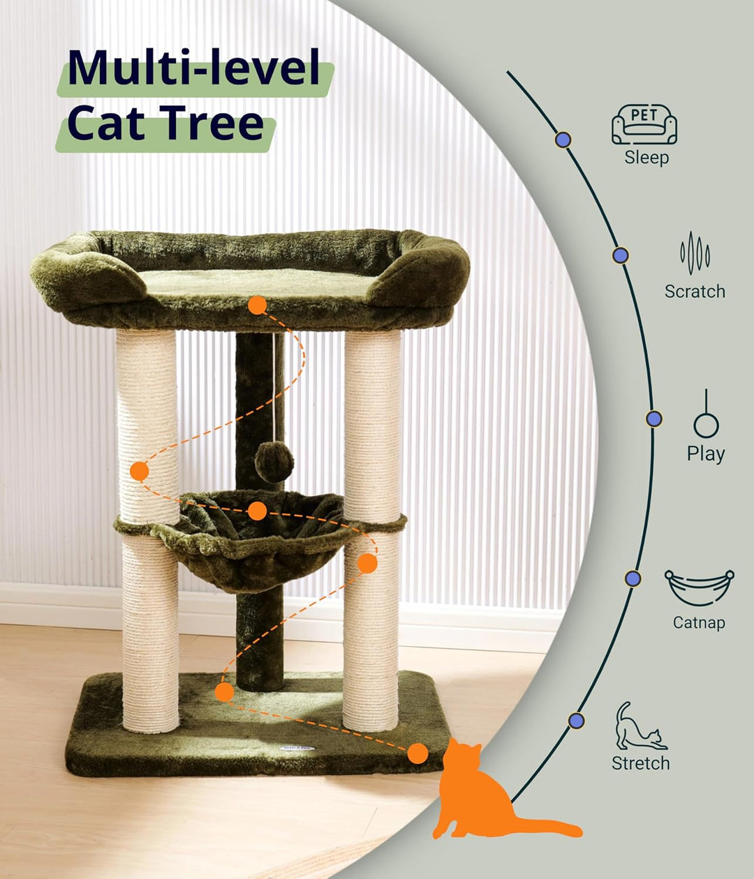 Happi N Pets 71 cm Kratzbaum für Katzen, Hoher Kratzstamm mit grossem Bett für grosse Katzen, Sisal-