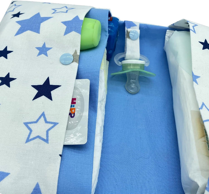 Grosse Windeltasche XXL mit Name personalisiert Wickeltasche - Sterne weiss blau - für Jungen