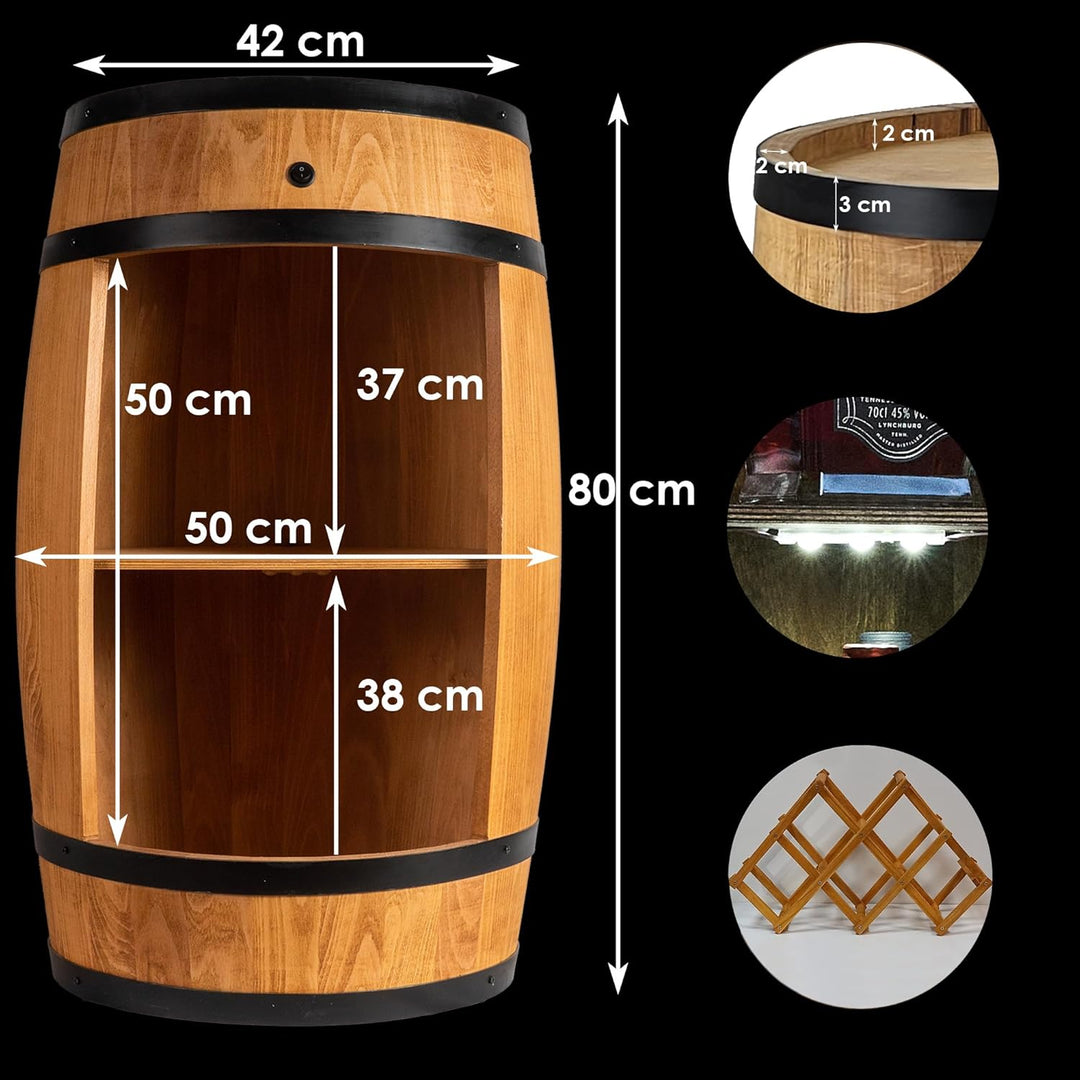 CREATIVE COOPER Fassbar LED mit Weinhalter - Weinregal - Holzfass Hausbar 80x50cm - Rustikaler deko