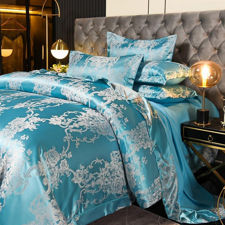 Tospass Satin Bettwäsche 200x220 Himmelblau Microfaser 3Teilig Jacquard Stickerei Prozess Blumen Bet