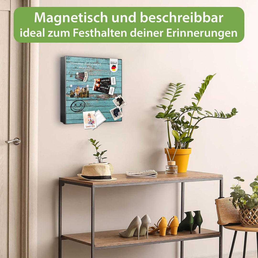 banjado® Grosser Schlüsselkasten Glas/Schlüsselbox 30cm x 30cm mit 50 Haken - Motiv Blaue Holzlatten