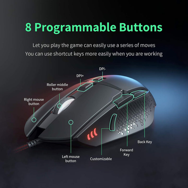 Gaming Maus 7200 DPI Einstellbarer USB RGB Led Gaming Mäuse für Grosse Hände, 8 Programmierbare PC M
