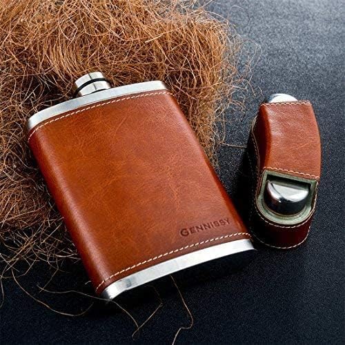 GENNISSY Edelstahl Flachmann,8oz braunes Leder mit 3 Bechern und Trichter, 100% auslaufsicher Braun