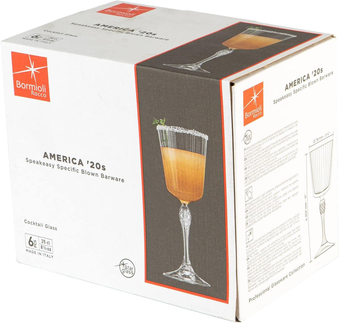 Bormioli Rocco 6 Stück America ‚20s Cocktail-Gläser-Set - Vintage Art Deco Cocktail Weinstielglas Gl