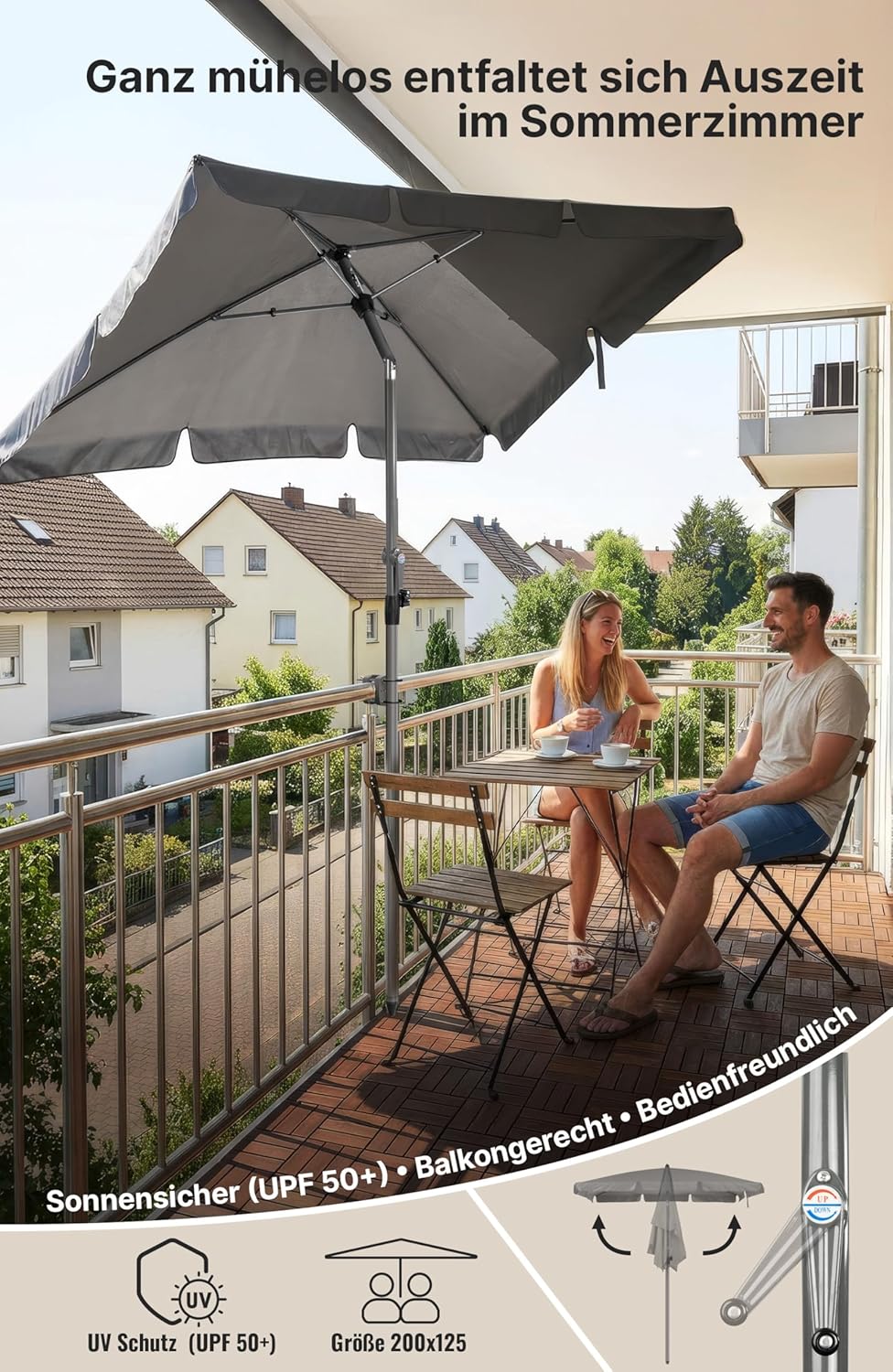 4smile Sonnenschirm Balkon mit Kurbel, Sonnenschirm rechteckig 200x125 cm, Sonnenschutz Balkon mit U