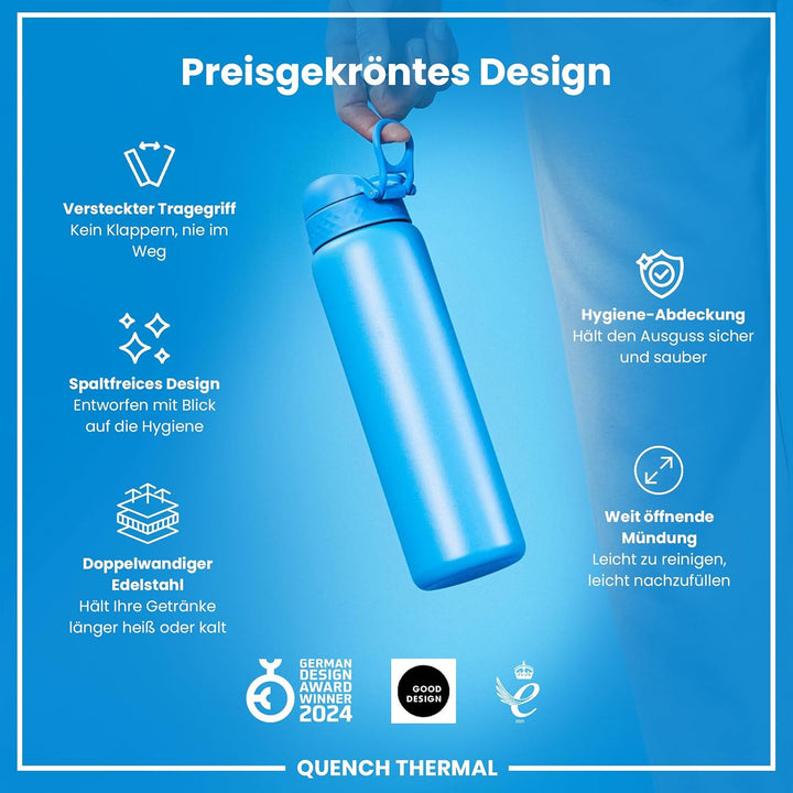 Ion8 Vakuumisolierte Edelstahl-Trinkflasche, 1 Liter, 920 ml, Auslaufsicher, Einhandöffnung, Sichere