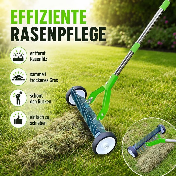 Handvertikutierer mit Rollen, 165cm Vertikutierrechen Garten, Rasenrechen mit Rädern, Laubrechen mit