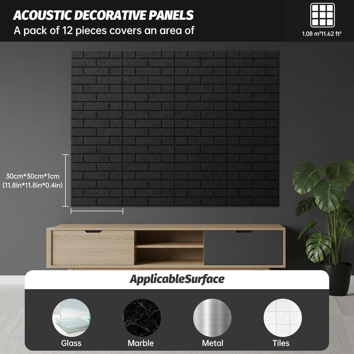 12-Piece Set Akustikpaneele, hochdichte quadratische Akustikfliesen, 12"×12"×0.4"grosse, ziegelstein