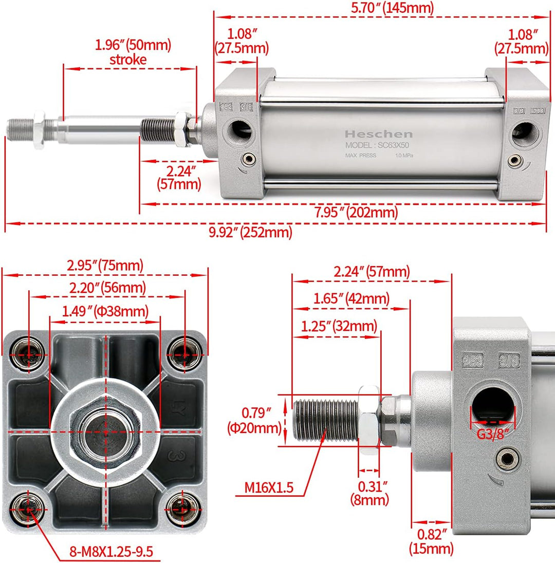 Heschen Pneumatischer Standard-Luftdruckzylinder, SC 63-50, PT3/8 Anschluss, 63mm Bohrung, 50mm Hub,