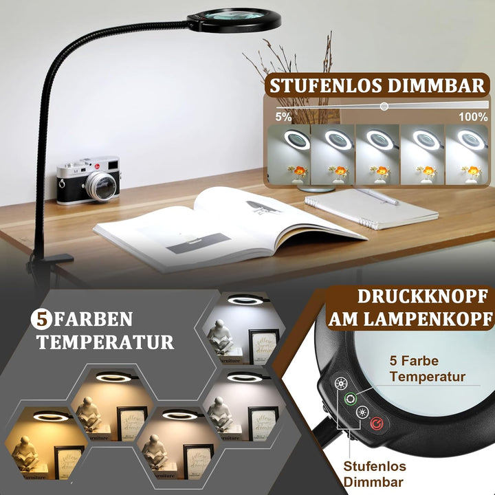 Veemagni 10X Lupe mit Licht und Klemme, Echtes Glas Lupenlampe, 5 Farbmodi Stufenlos Dimmbare, 23 Zo