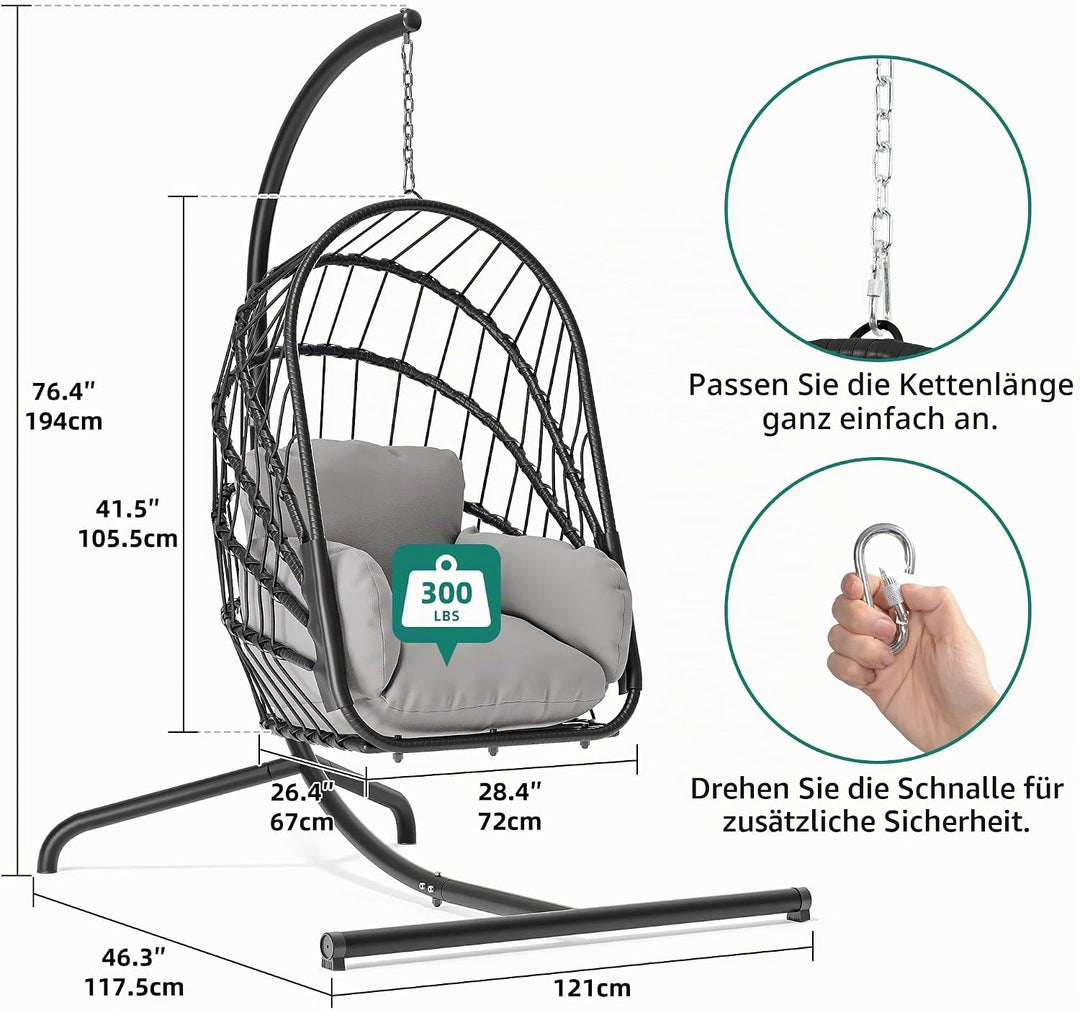 YITAHOME Hängesessel mit Kissen, Max. Belastung 150kg, Hängestuhl Outdoor mit Gestell Körbe 195x120x