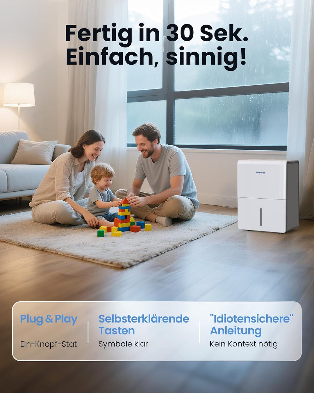 Newentor Luftentfeuchter 25L/24h, Für 215m³/80m² Räume - 3 fache Geräuschreduktion - Stromsparender