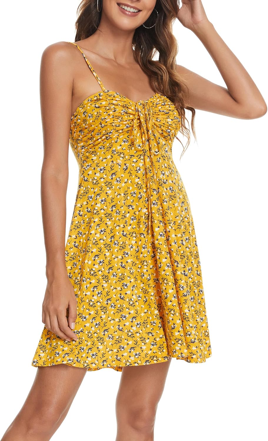 Missufe Damen Sommerkleid Swing Blumenkleid Freizeitkleid Spaghettiträger Cami Kleider L Gelb, L Gel