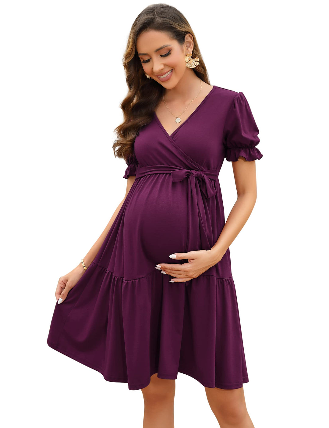 KOJOOIN Damen Umstandskleid V-Ausschnitt Stillkleid Elegant Puff Ärmel Schwangerschafts Kleider mit