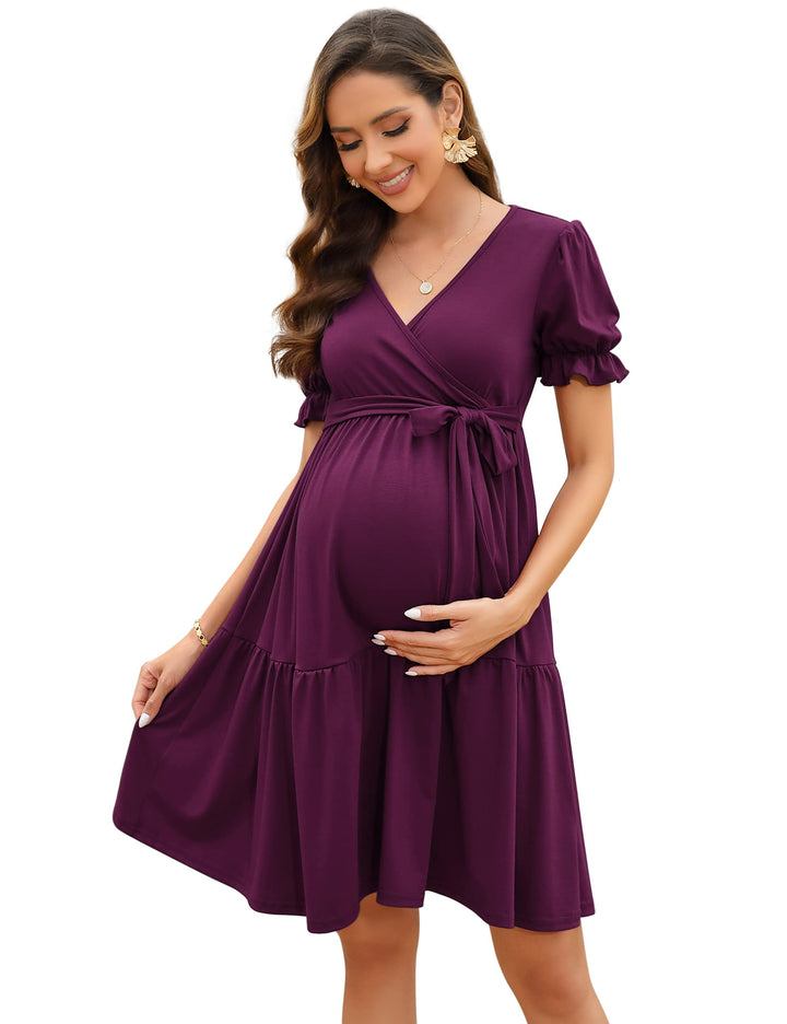 KOJOOIN Damen Umstandskleid V-Ausschnitt Stillkleid Elegant Puff Ärmel Schwangerschafts Kleider mit