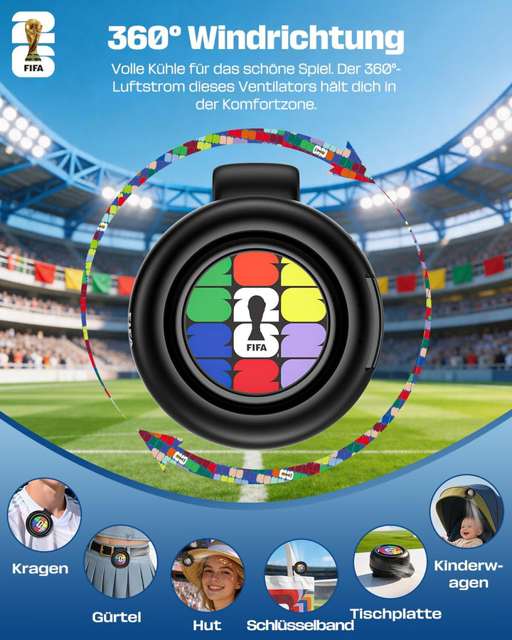 Offizielle FIFA WM 2026 Edition Clip Ventilator, Mini Ventilator mit Clip für Hemd und Taille, 360°