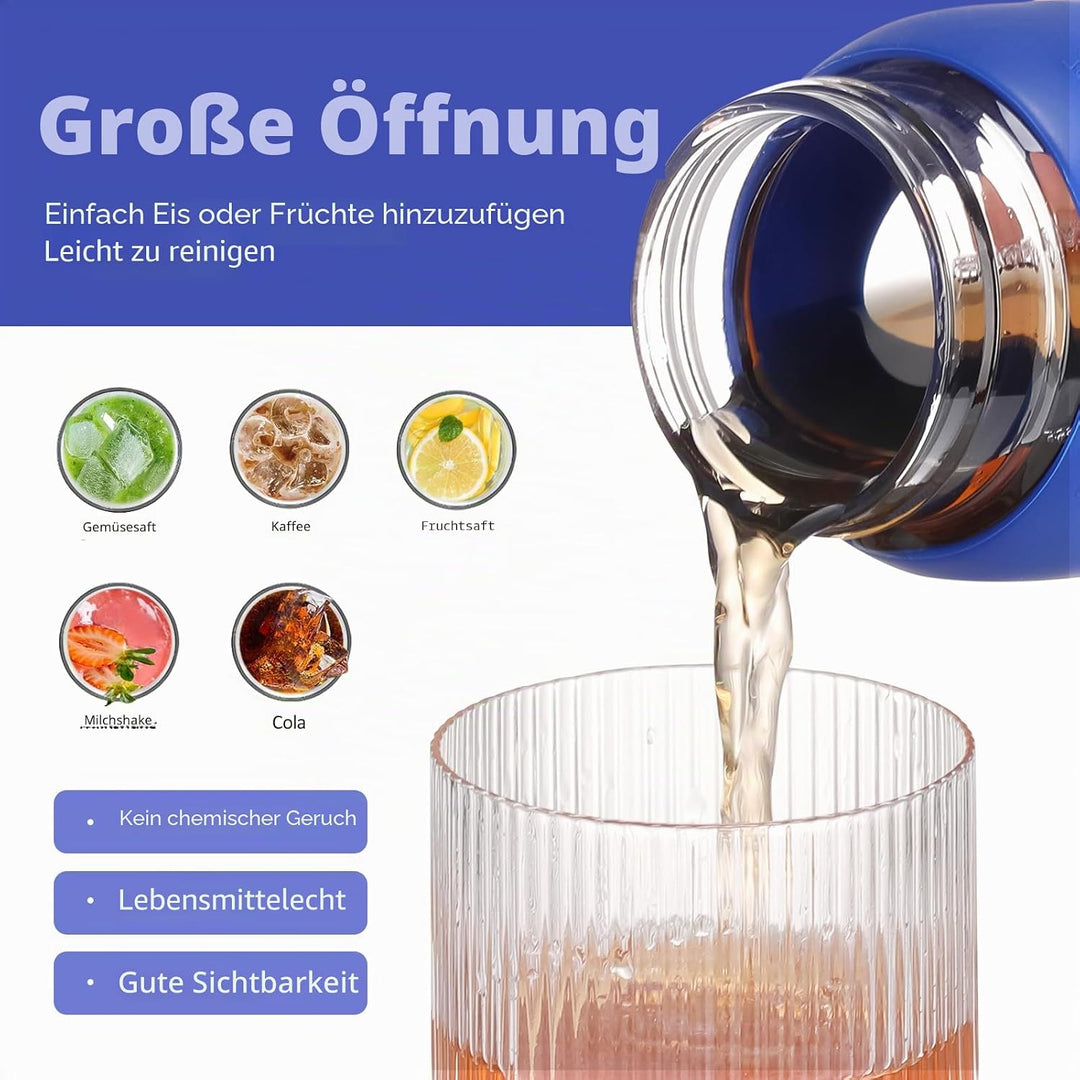 BLUEGO 700ml Trinkflasche Glas mit Strohhalm und Griff Auslaufsichere Wasserflasche mit Silikonhülle