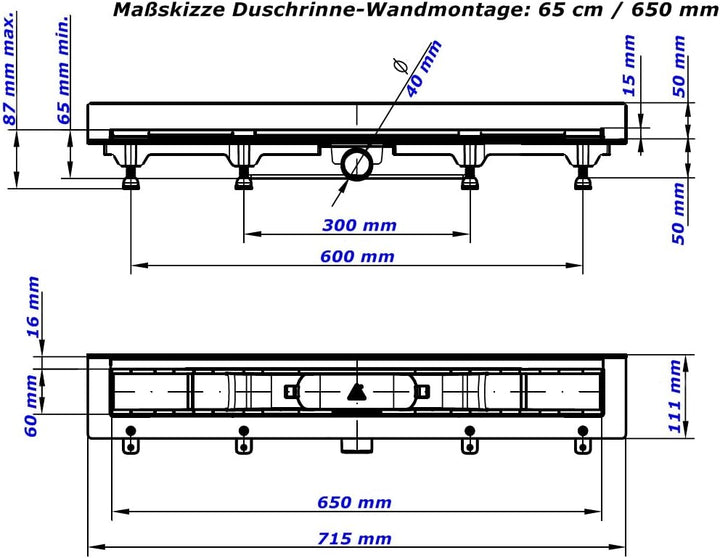 MCH Duschrinne Bodenablauf Edelstahl Ablaufrinne Badablauf flach 65cm, Modell: Drops-Wandmontage