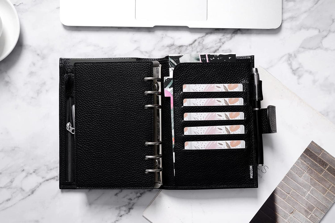 Moterm Personal Regular Ringe Planer - Echtes Leder Binder Organizer (25mm Ring, Kiesel-Schwarz), Ki