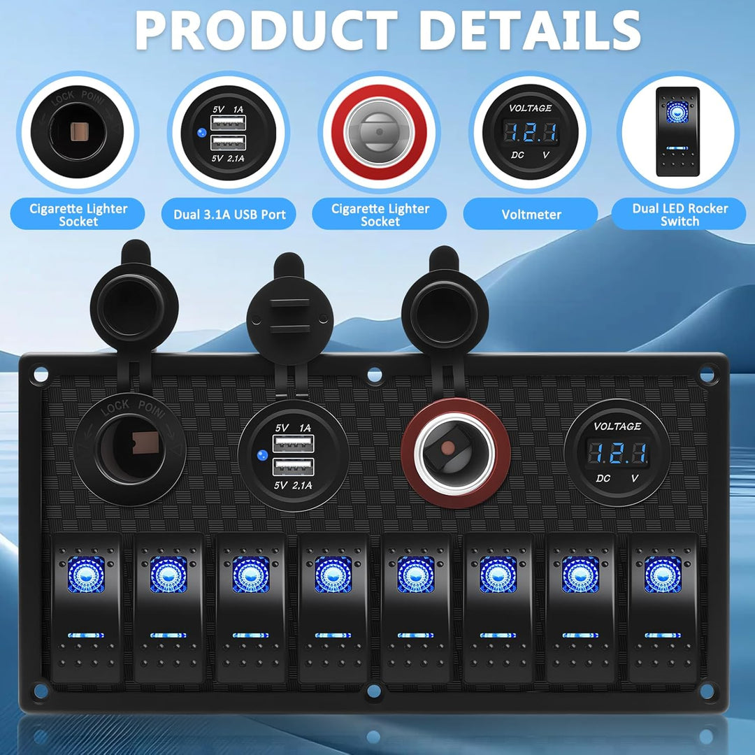 Geloo Marine Boat 8 Gang Schalter Panel Wasserdicht Toggle Rocker Zündschalter mit Voltmeter Display