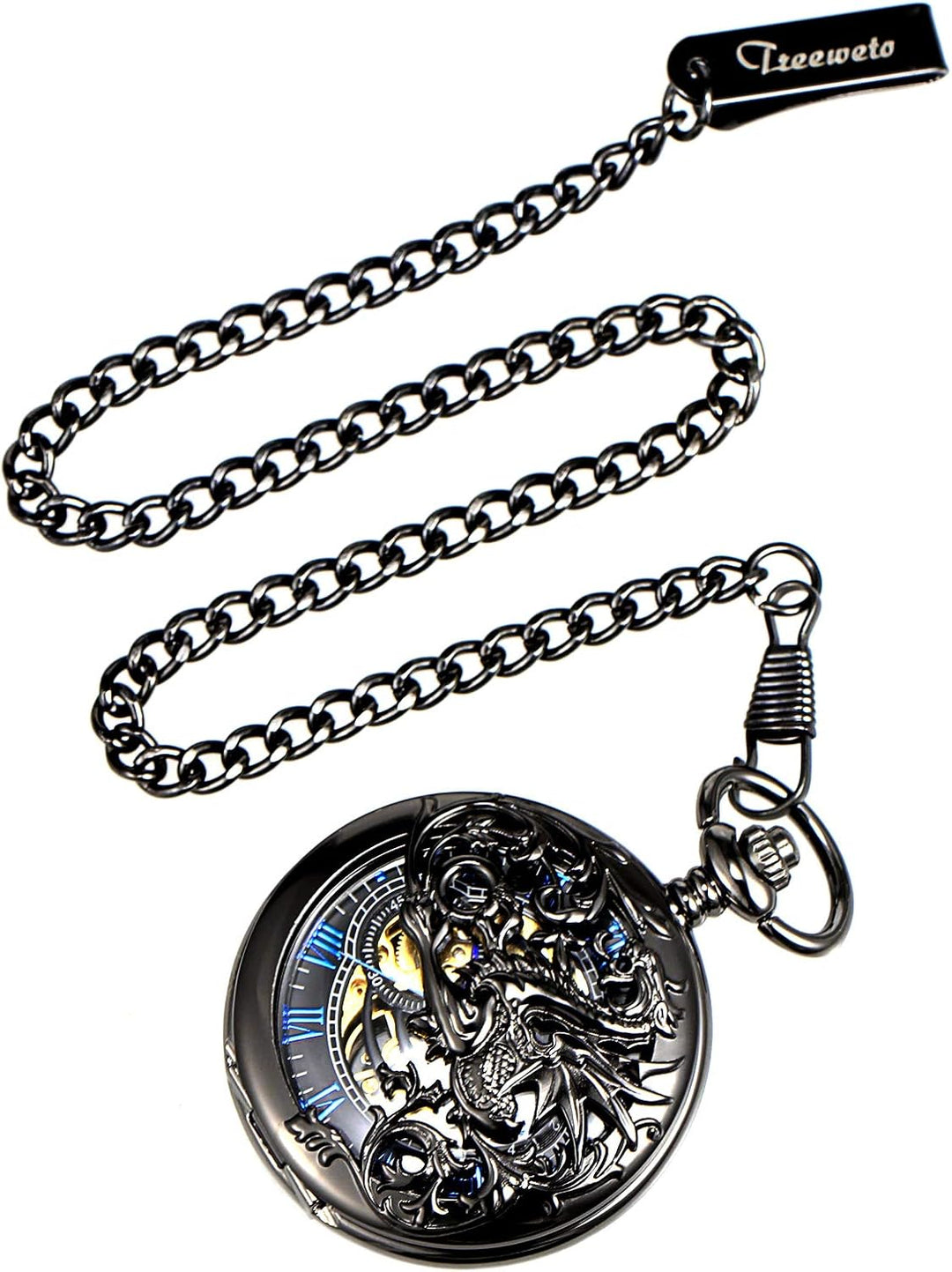 TREEWETO Unisex Taschenuhr mit Kette Analog Handaufzug Doppelscharnier Antik Drache Skelett Bronze 3