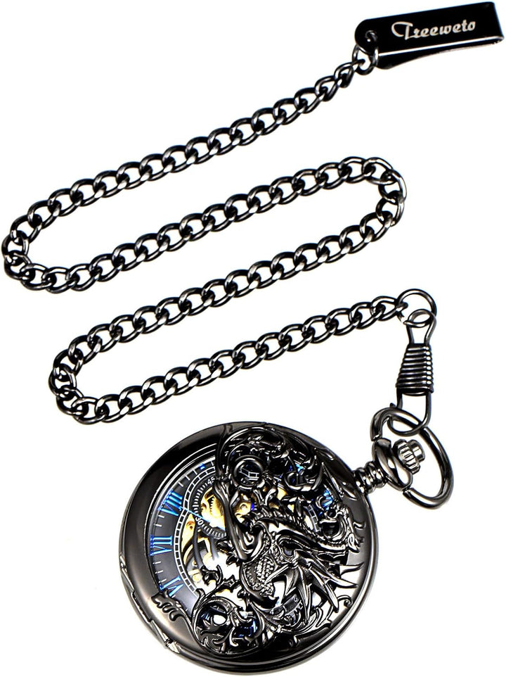 TREEWETO Unisex Taschenuhr mit Kette Analog Handaufzug Doppelscharnier Antik Drache Skelett Bronze 3