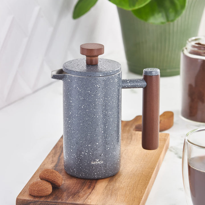 KARACA Doppelwandige Marmor French Press mit Kastaniengriff – Isolierte Kaffee French Press – Kaffee