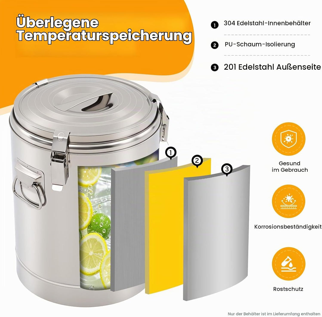 Transport Thermobehälter für Essen, 10/20/30L Gastro Warmhaltebehälter Isolierter Edelstahl Thermobo