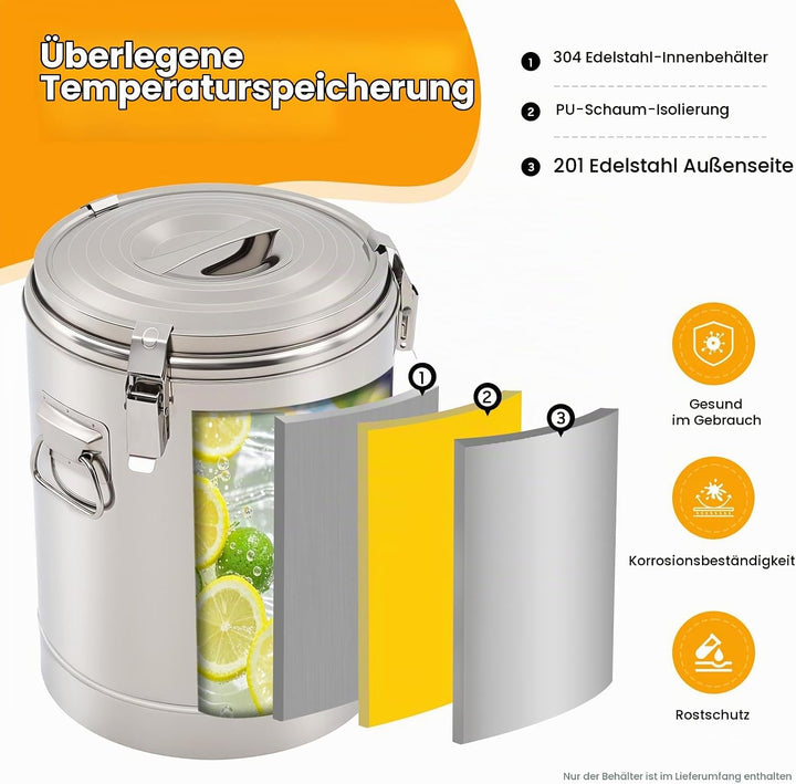 Transport Thermobehälter für Essen, 10/20/30L Gastro Warmhaltebehälter Isolierter Edelstahl Thermobo
