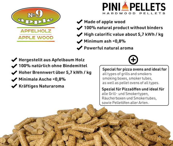 PINI Grillpellets № 9 Apfel 10 kg BBQ Hartholzpellets zum Grillen Räuchern Smoken