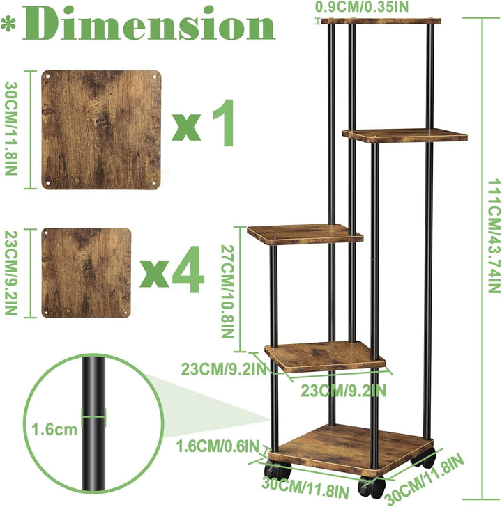 Blumenständer Pflanzenständer 5 Tier Holz, Pflanzenregal Mit Abnehmbaren Rollen, Modernes Blumenrega