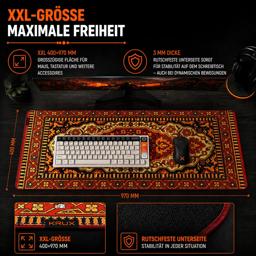 KRUX Space Carpet XXL, Mauspad, Teppichmuster, 400 x 970 mm, leichtgängige Mausführung, Kantenbesatz