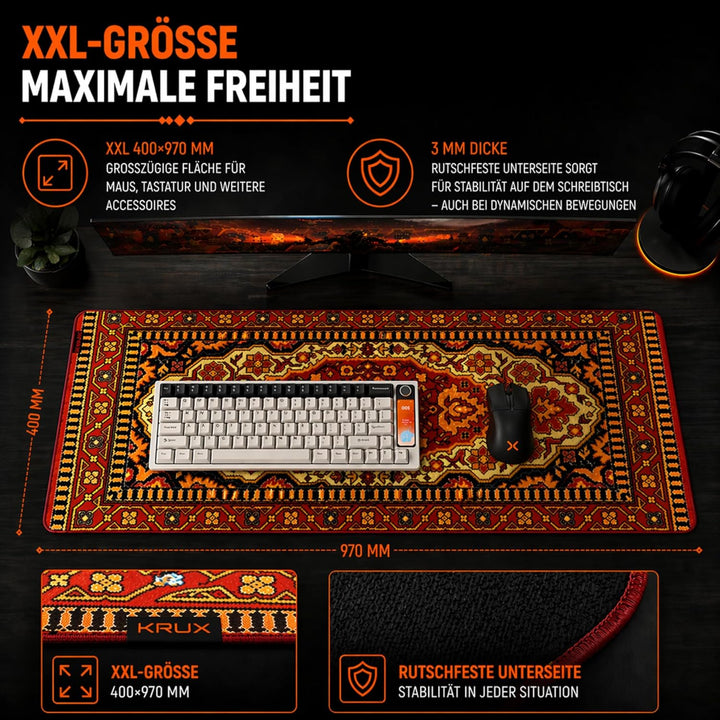 KRUX Space Carpet XXL, Mauspad, Teppichmuster, 400 x 970 mm, leichtgängige Mausführung, Kantenbesatz