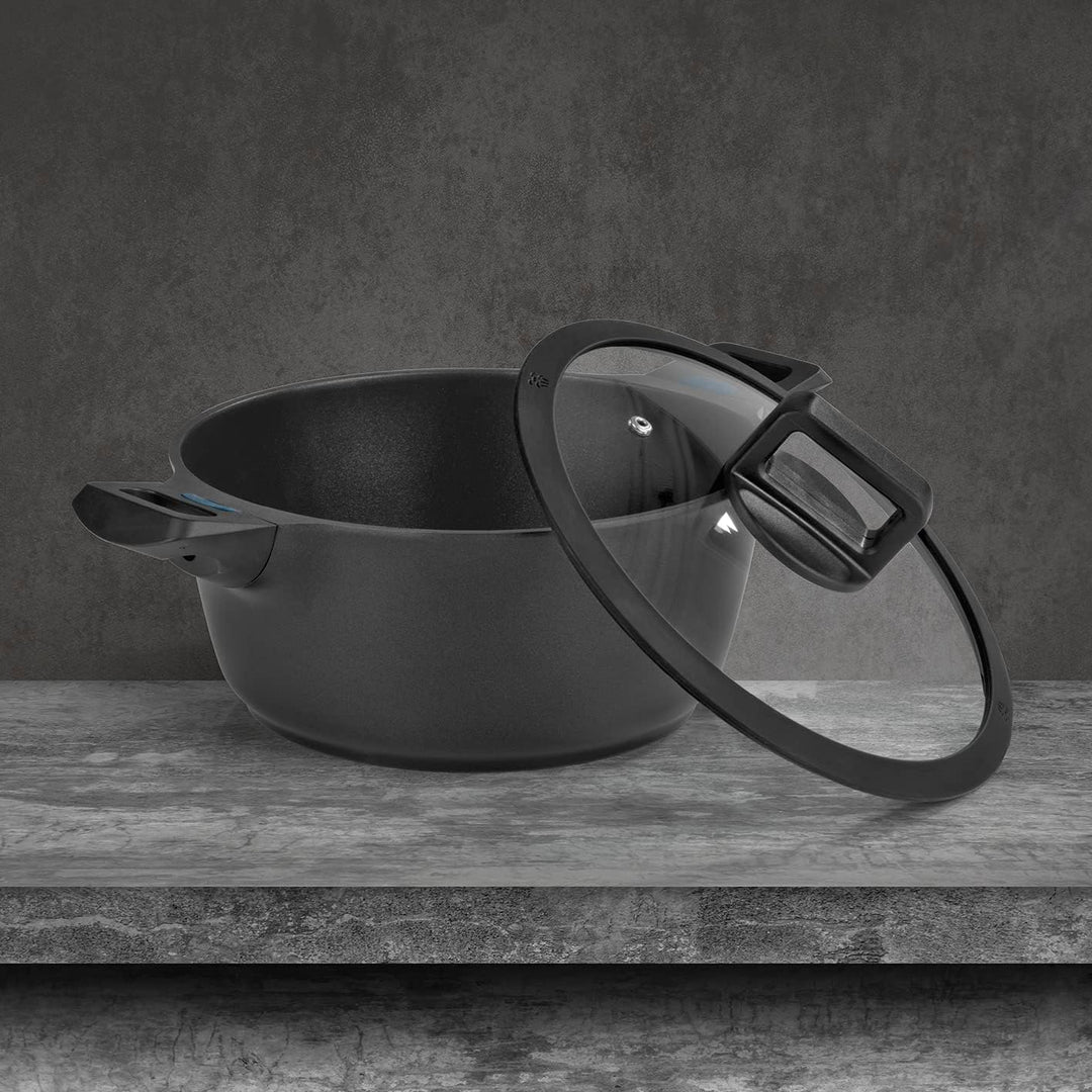 N8WERK Aluguss-Kochtopf in der Midnight Edition | 24 cm | Farbwechsel-Temperaturanzeige | Deckel mit