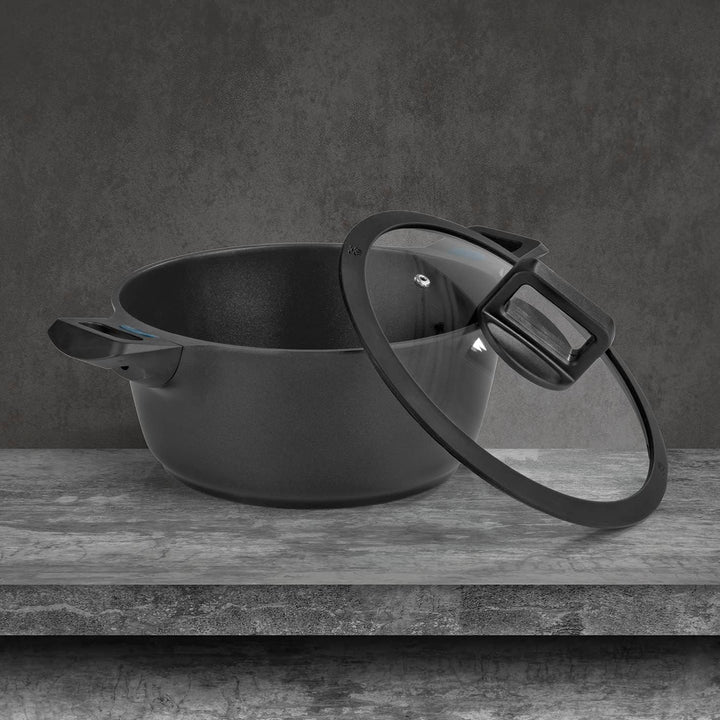 N8WERK Aluguss-Kochtopf in der Midnight Edition | 24 cm | Farbwechsel-Temperaturanzeige | Deckel mit