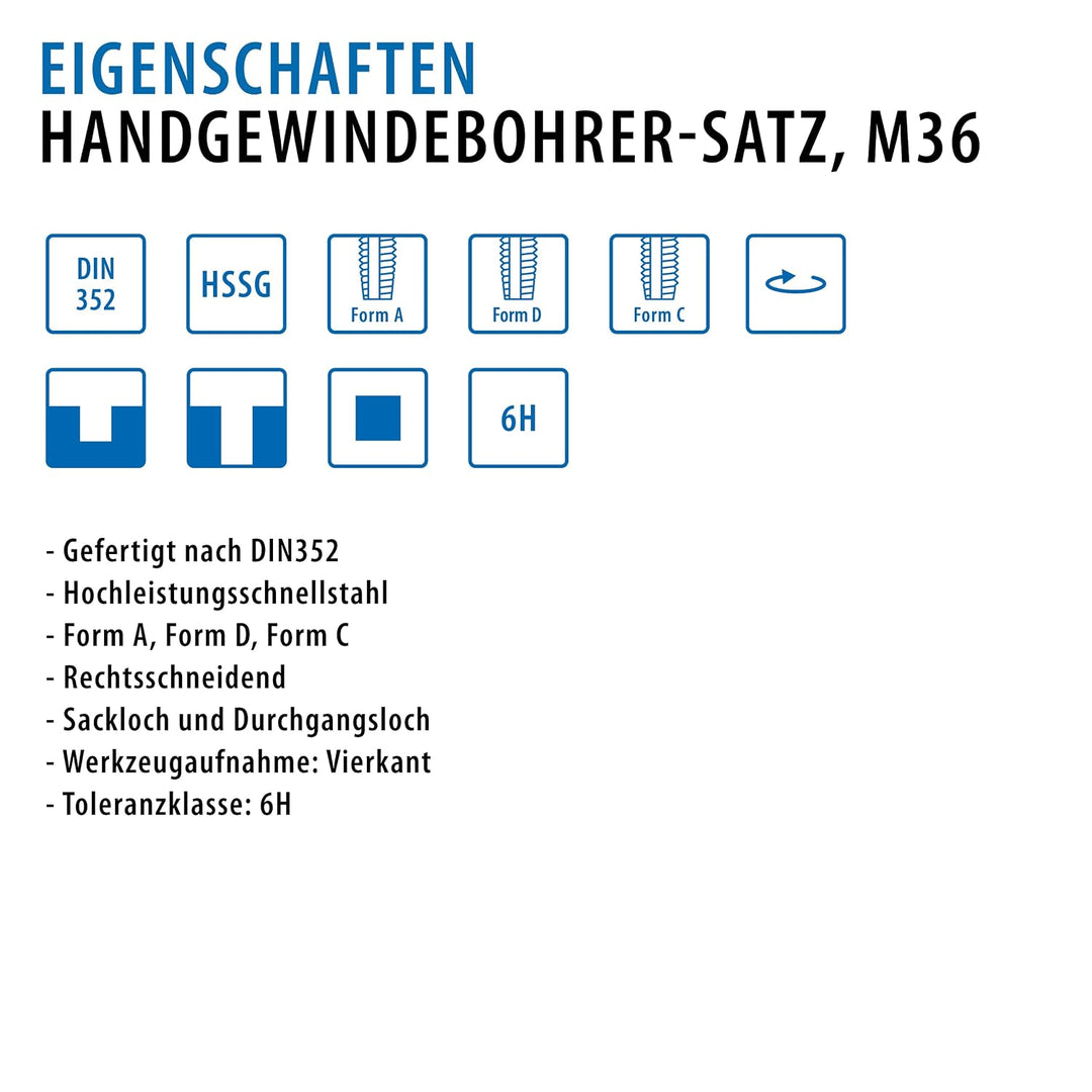 PROFI Gewindebohrer M36 Handgewindebohrer Satz HSSG 3 teilig | Gewindebohrer | Gewindeschneider Set