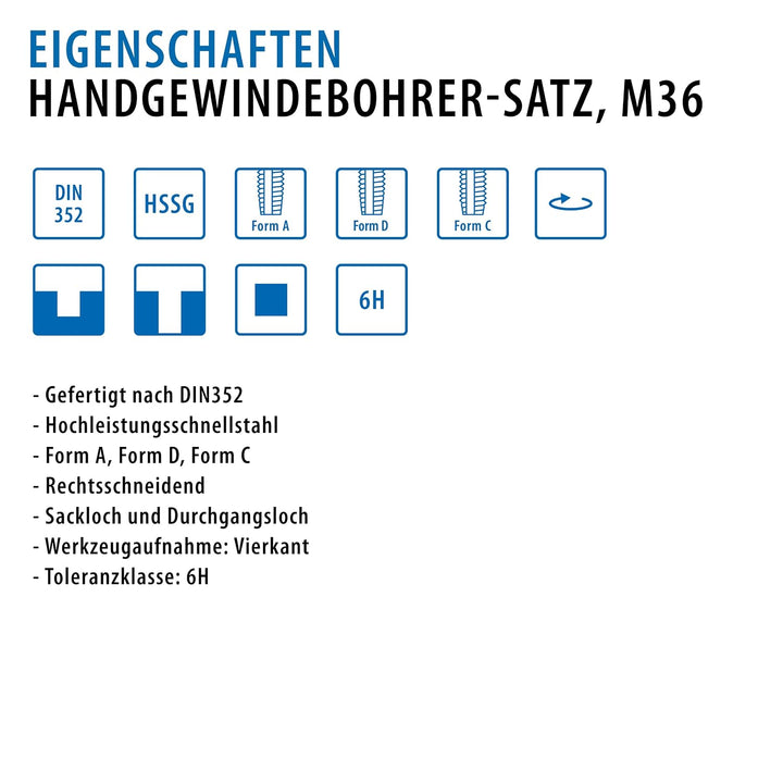 PROFI Gewindebohrer M36 Handgewindebohrer Satz HSSG 3 teilig | Gewindebohrer | Gewindeschneider Set