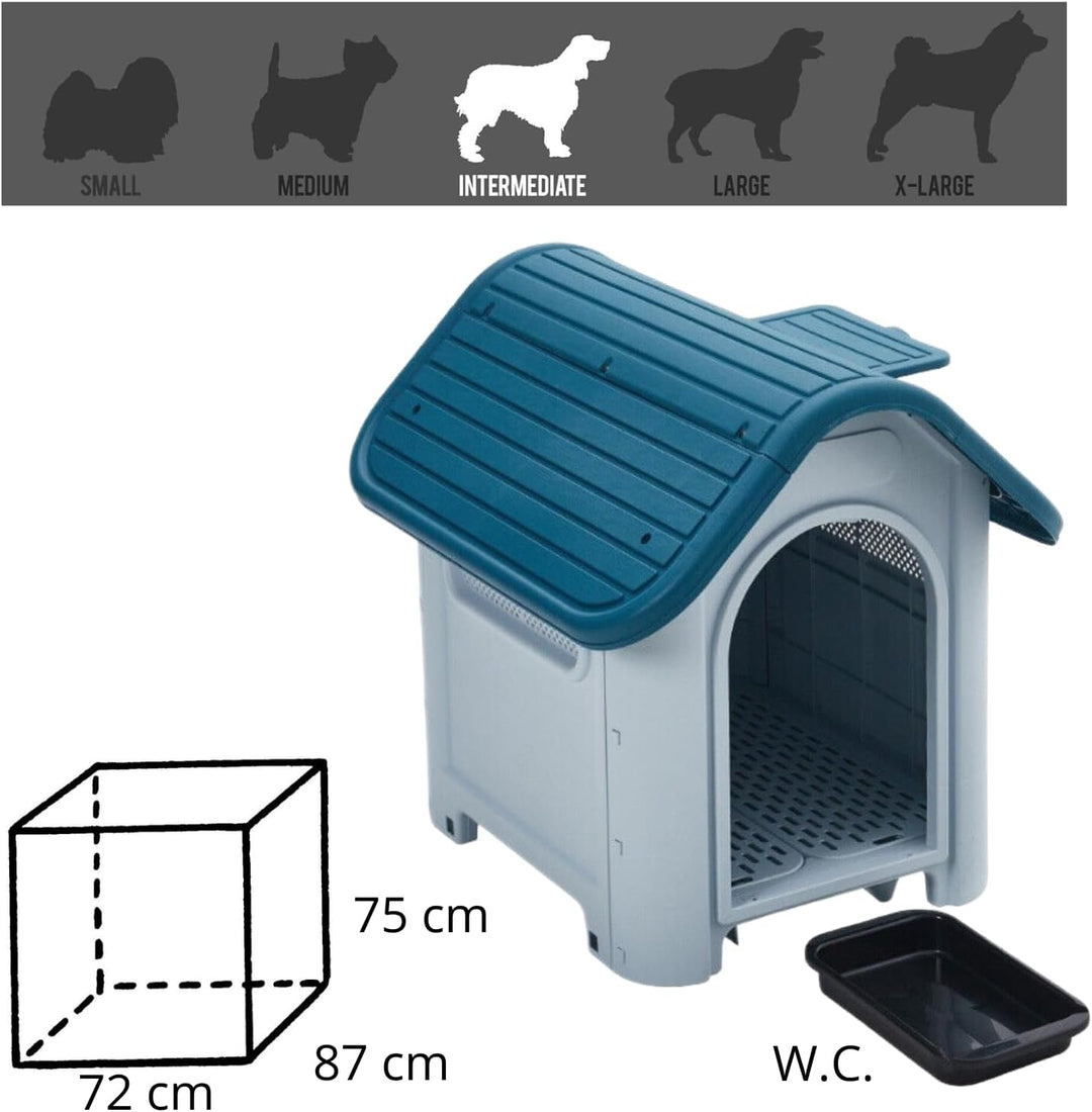 Lanco – Hundehütte für mittelgrosse Hunde mit verstellbarem Schiebedach und Toilette. Innen- und Aus