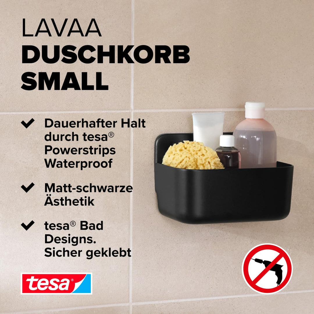 tesa Lavaa Duschkorb S, schwarz matt - Duschablage zur Wandmontage ohne Bohren, inkl. tesa Powerstri
