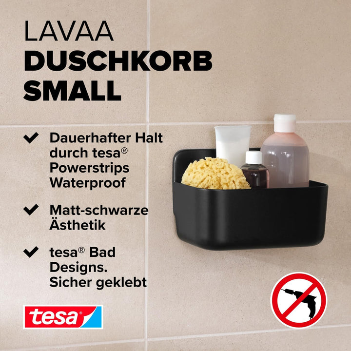 tesa Lavaa Duschkorb S, schwarz matt - Duschablage zur Wandmontage ohne Bohren, inkl. tesa Powerstri