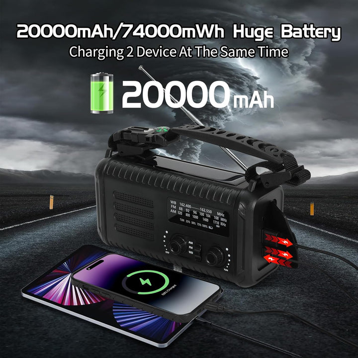 Notfallradio, Crank Wetterradio, 20000mAh Solarradio, Hand Kurbelradio mit AM/FM/NOAA, tragbares Rad